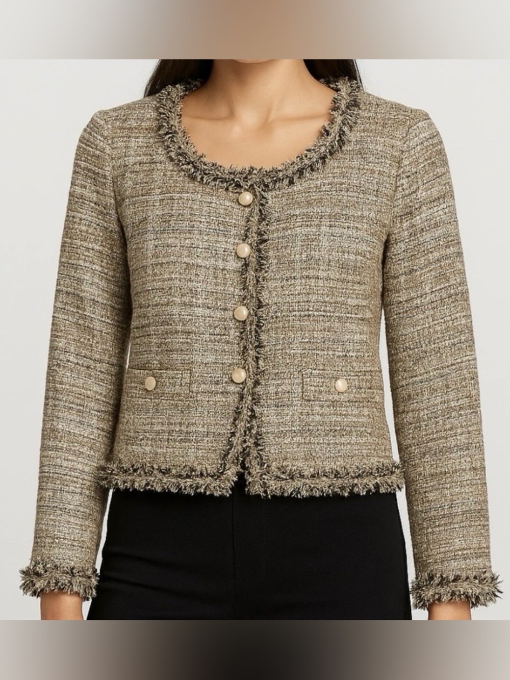 LN WOMEN Sz MEDIUM (bust 40”) CACHE TWEED BOUCLE BLAZER JACKET GOLD BLACK BEIGE